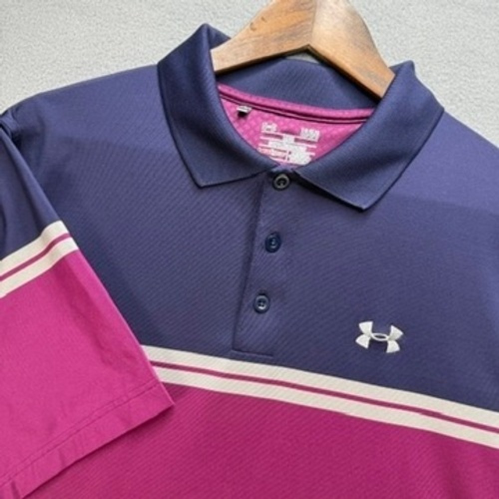 Under Armour Polo Shirt HeatGear Loose Fit Large Purple Blue Stripe Short Sleeve